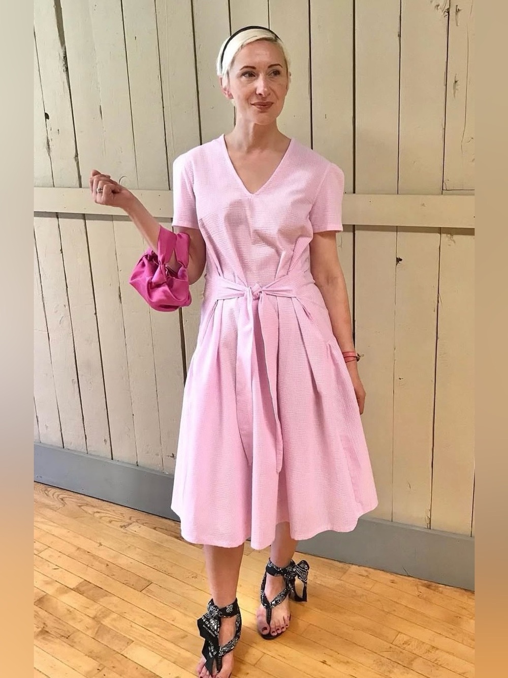 NOWT BEATA Design Studio Pink Seersucker Cotton Midi Dress Tie Waist Handmade S